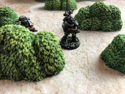 Monster Fight Club's Verdant Green Bushes, shown alongside Warhammer Horus Heresy Space Marines (shown for scale only, not included)