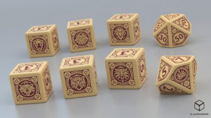 The Witcher Essential Dice Set | 6 six-sided and 2 ten-sided bone-coloured dice with mahogany ink