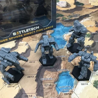 Inner Sphere Direct Fire Lance (CAT35725) shown on a hexmap (not included) with the box behind the models.