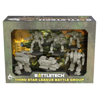 Third Star League Battle Group Force Pack (CAT35787) | A rendered image of the contents of this BattleTech ForcePack, including five BattleMechs and a Saviour Repair Vehicle. The Savage Wolf is not shown painted, despite that one actual model coming pre-painted.