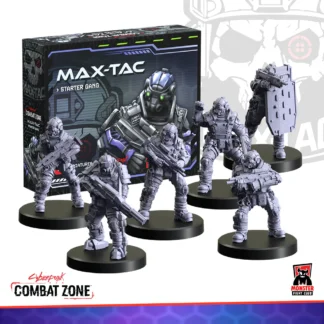 MAX-TAC Starter Gang (MFC45129) | Image shows the six miniatures included in the team and the box they come in. Game cards also included are not shown.