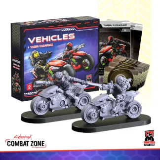 Yaiba Kusanagi Cybercycle (MFC45143) Shows the two vehicle miniatures, vehicle and mod cards and the box they come in