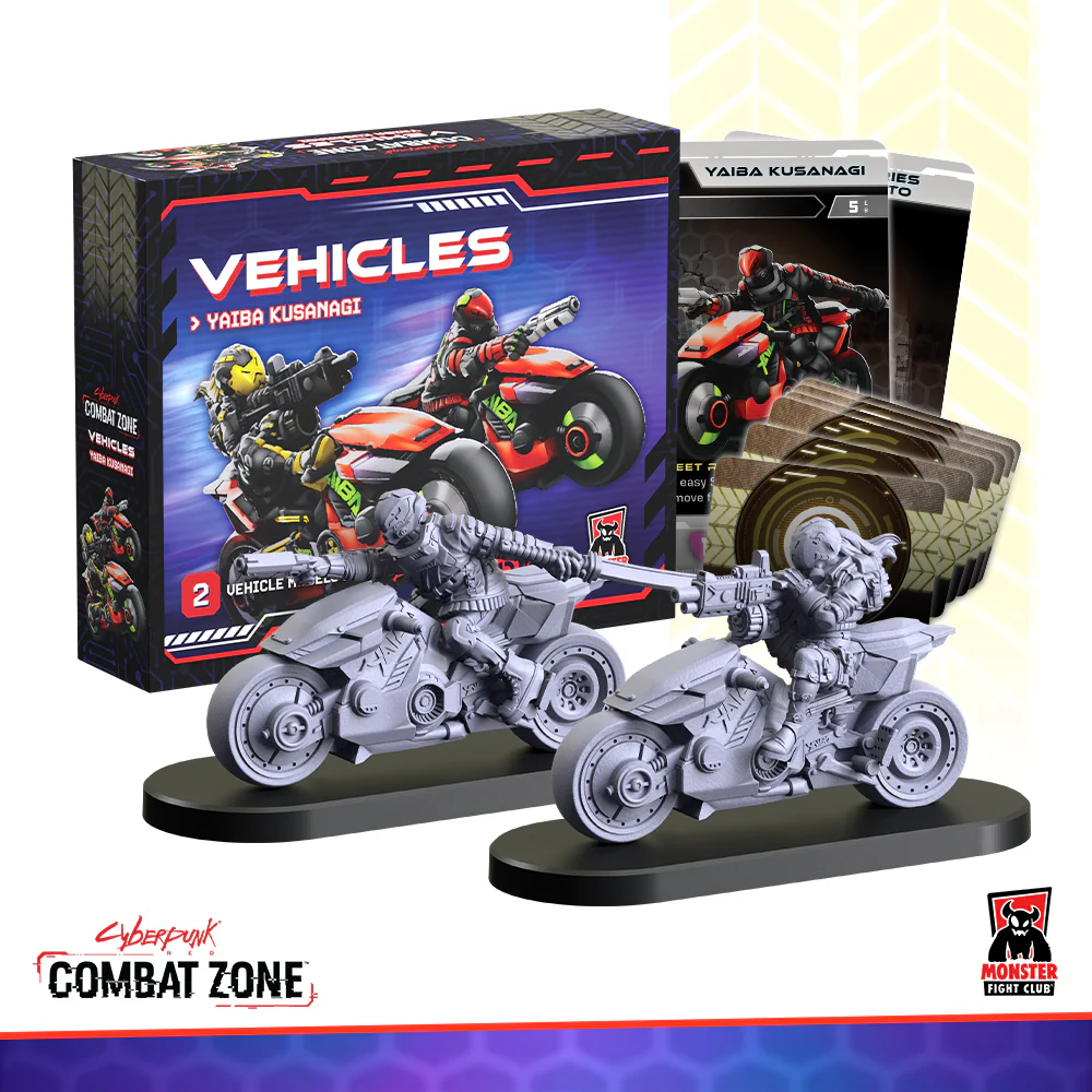 Yaiba Kusanagi Cybercycle (MFC45143) Shows the two vehicle miniatures, vehicle and mod cards and the box they come in