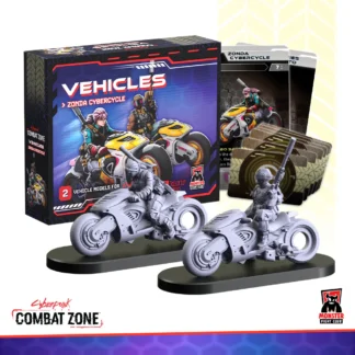 Zonda Cybercycle (MFC45153) | Image shows the two vehicle miniatures included, the vehicle and modification cards and the box they come in.