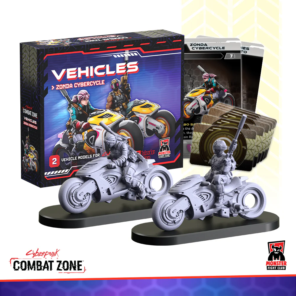 Zonda Cybercycle (MFC45153) | Image shows the two vehicle miniatures included, the vehicle and modification cards and the box they come in.
