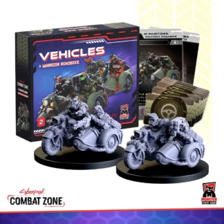 Warrior Roadbike | The two bike and sidecar miniatures from the box, shown in front of the box and the cards that it includes, fanned out to the side.